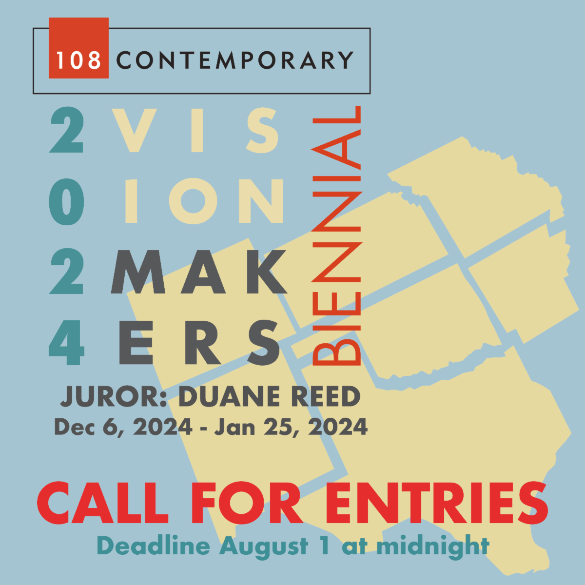 108|Contemporary is seeking entries for VisionMakers 2024, the regional signature-juried biennial exhibition for contemporary fine craft-based artists. Juried by Duane Reed, this exhibition will be on view December 5, 2024 - January 25, 2025 in the heart of the Tulsa Arts District.